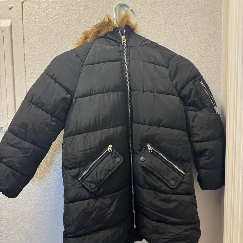 Zara Girls Black Jacket with Brown Faux Fur